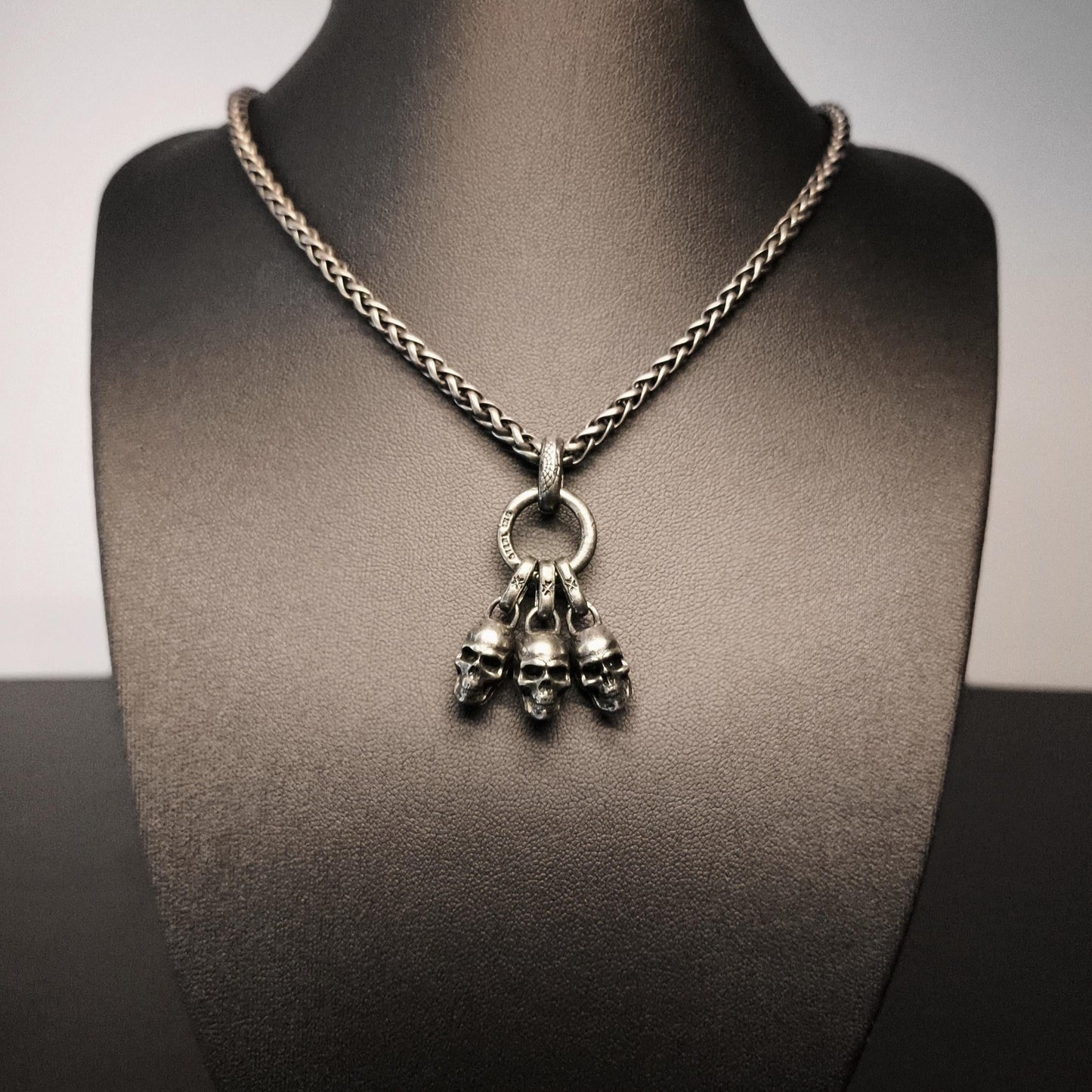 Unholy Trinity – Black and Silver Triple Skull Pendant and Chain Necklace