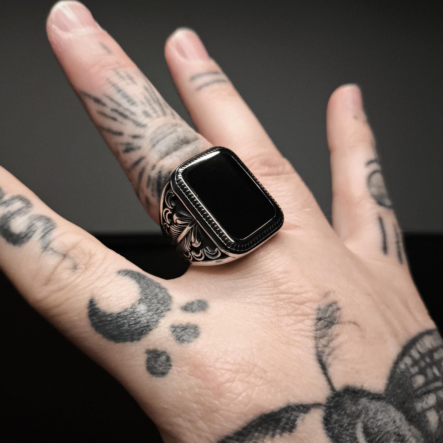 Large Decorative Black Onyx Silver Signet Ring in Stainless Steel