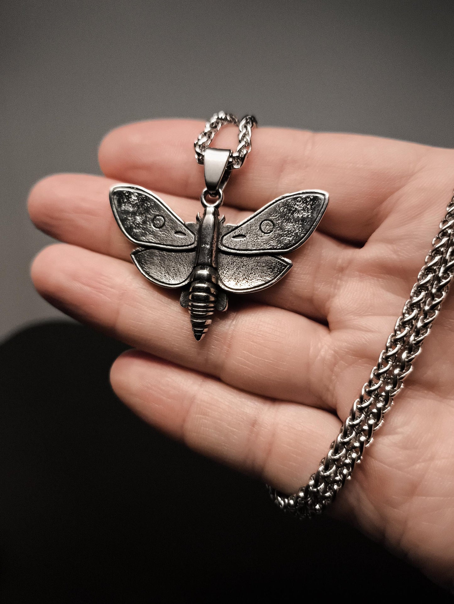 Noctura – Silver Deathhead Hawk Moth Pendant and Chain Necklace