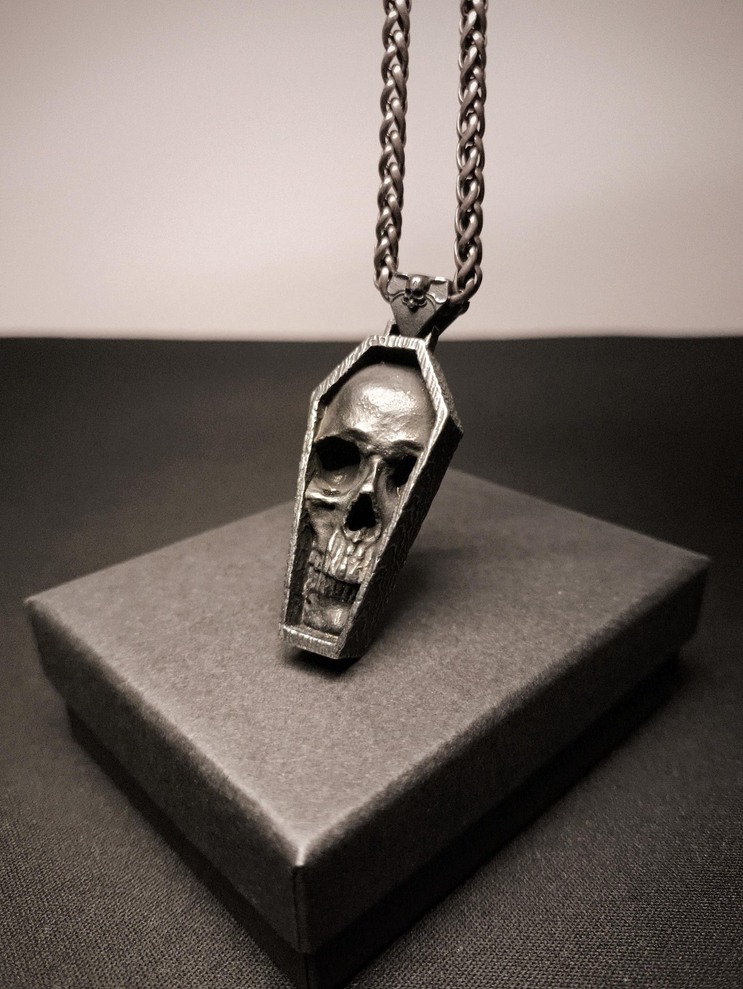Cryptkeeper’s Vigil — Detailed Skull in Tomb Stainless Steel Pendant and Chain Necklace