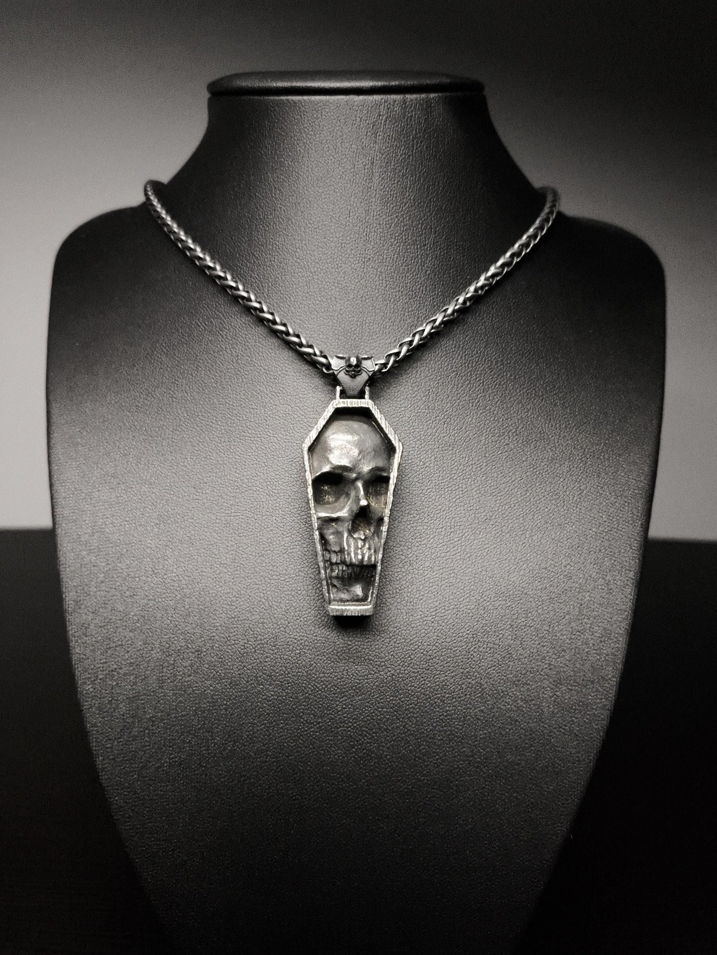 Cryptkeeper’s Vigil — Detailed Skull in Tomb Stainless Steel Pendant and Chain Necklace