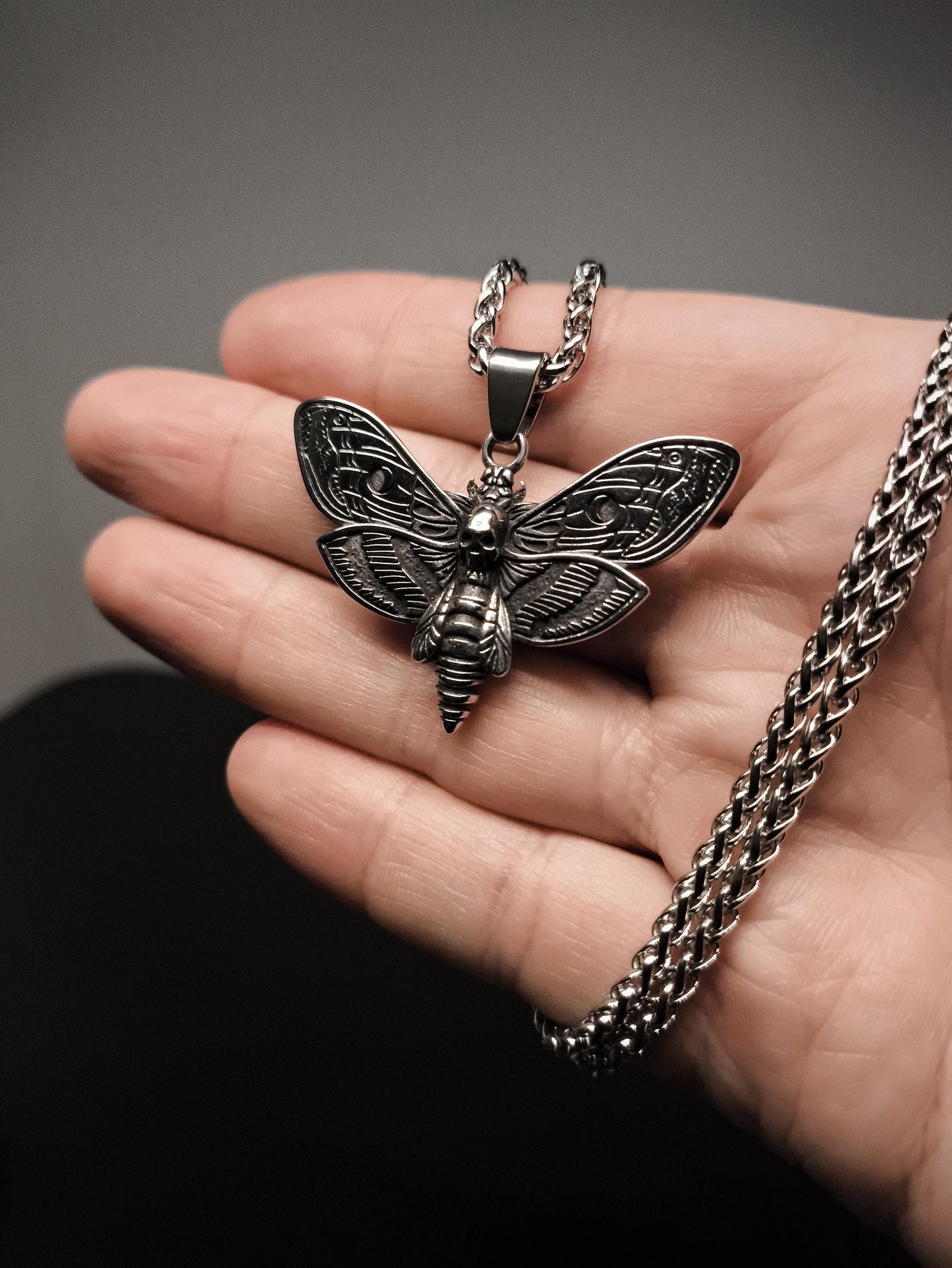 Noctura – Silver Deathhead Hawk Moth Pendant and Chain Necklace