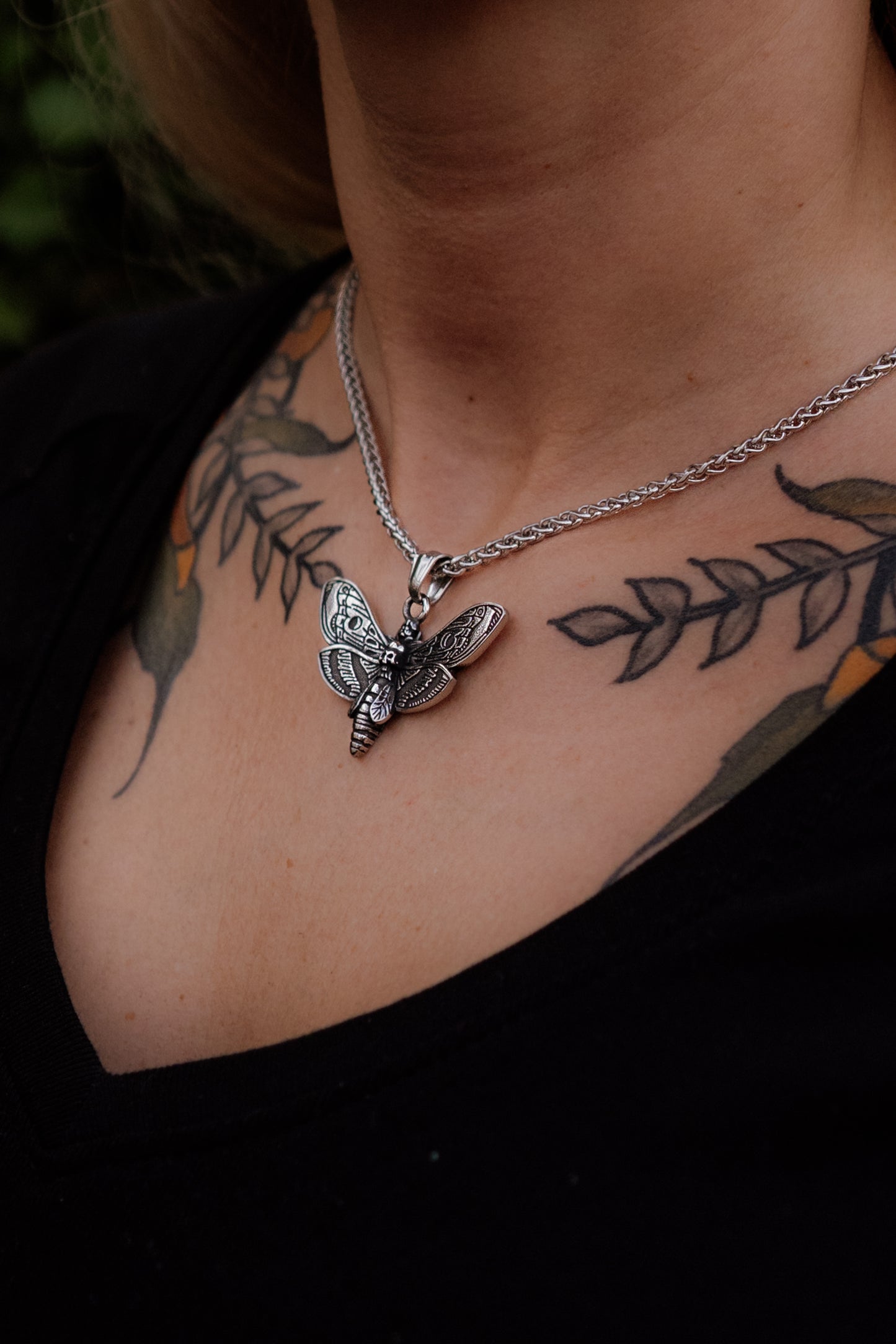 Noctura – Silver Deathhead Hawk Moth Pendant and Chain Necklace