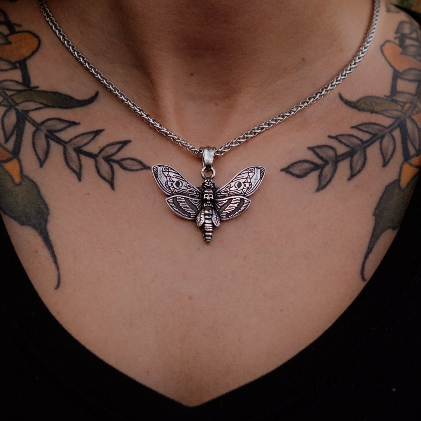 Noctura – Silver Deathhead Hawk Moth Pendant and Chain Necklace