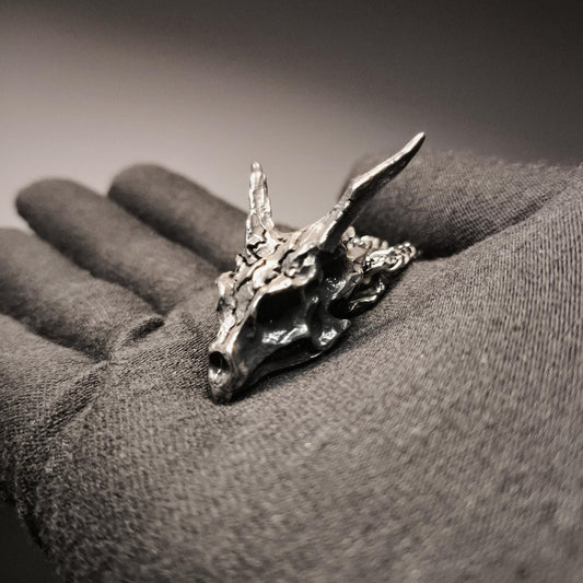 Silver dragon head pendant on a gloved hand against a dark background