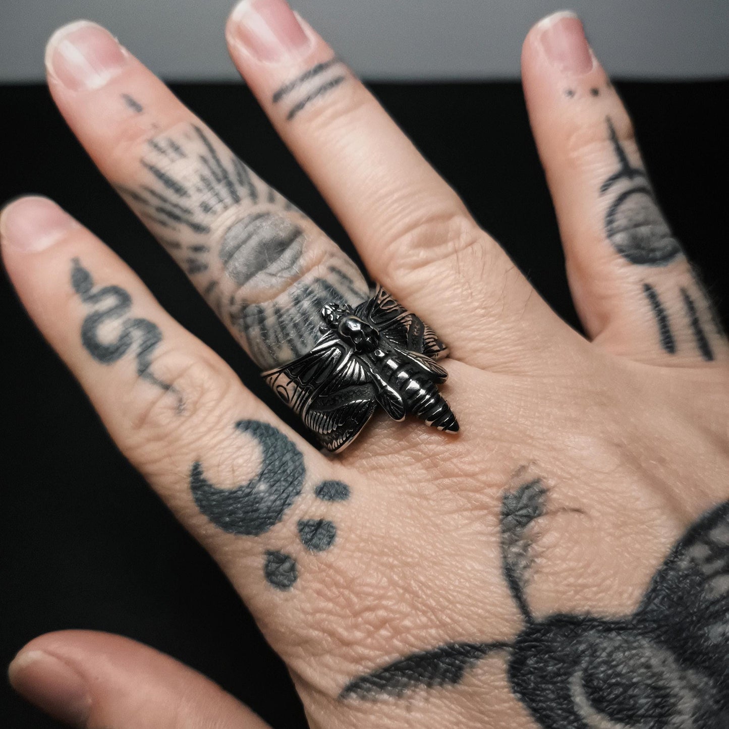 Memento Moth Silver Insect Statement Ring in Stainless Steel