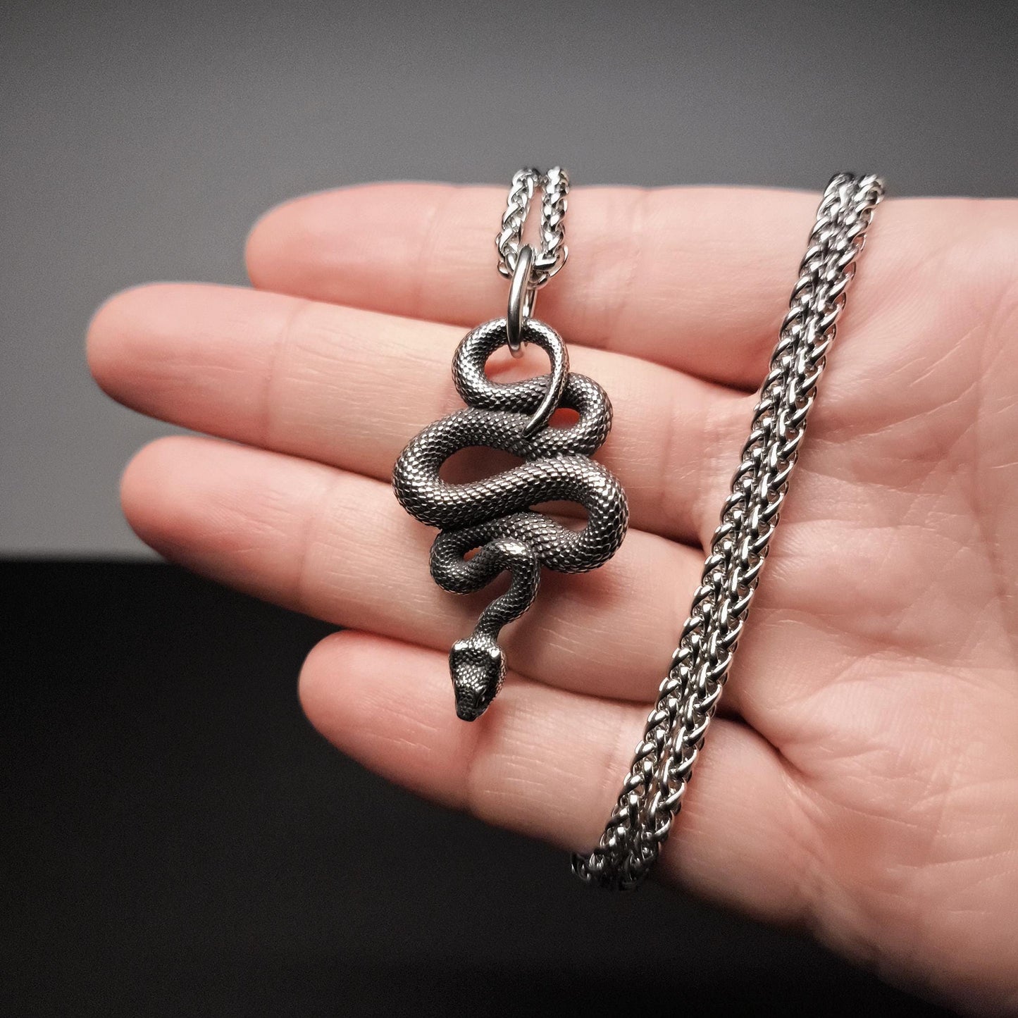 Serpent Vinculum – Dark Silver Coiled Snake Pendant and Chain Necklace