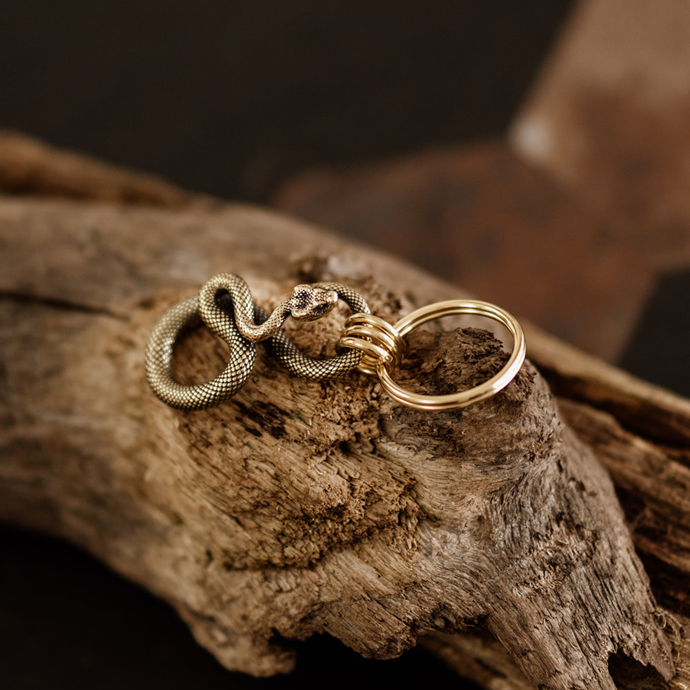 Serpent Vinculum Keyring – Antique Brass Coiled Snake Keychain with Gold Clasps