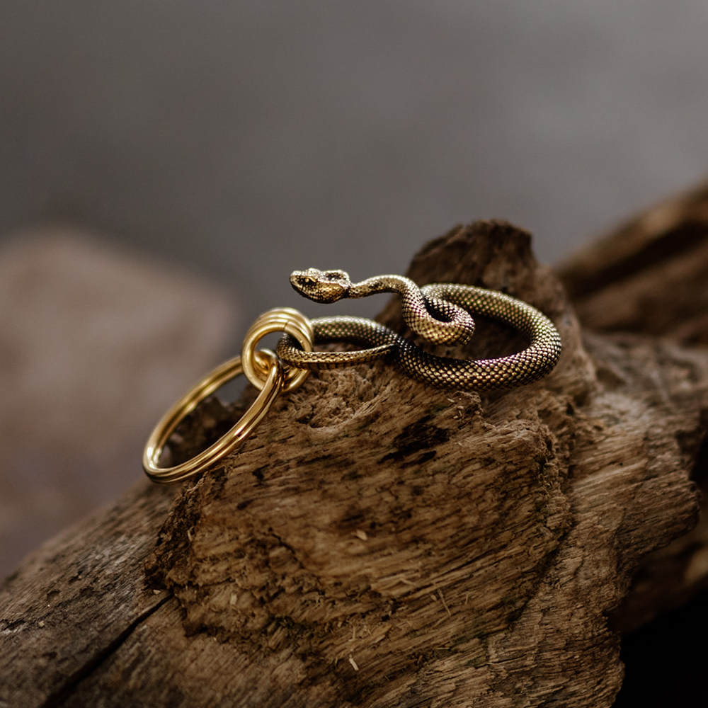 Serpent Vinculum Keyring – Antique Brass Coiled Snake Keychain with Gold Clasps