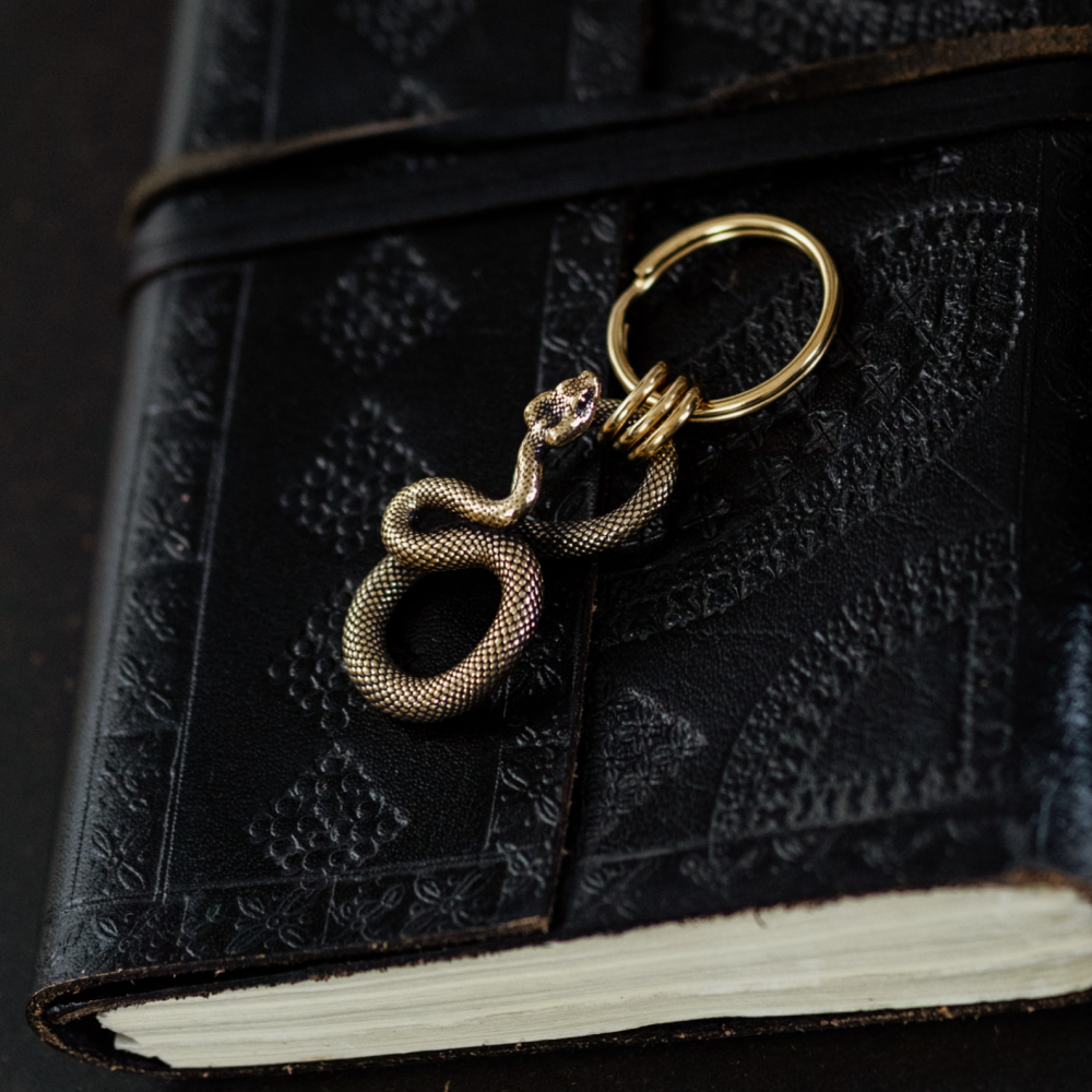 Serpent Vinculum Keyring – Antique Brass Coiled Snake Keychain with Gold Clasps