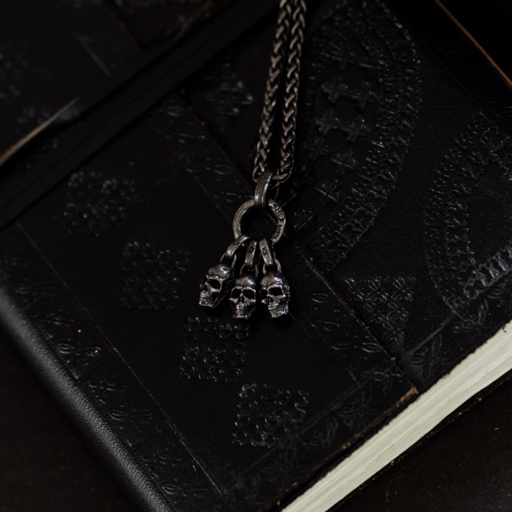 Unholy Trinity – Black and Silver Triple Skull Pendant and Chain Necklace