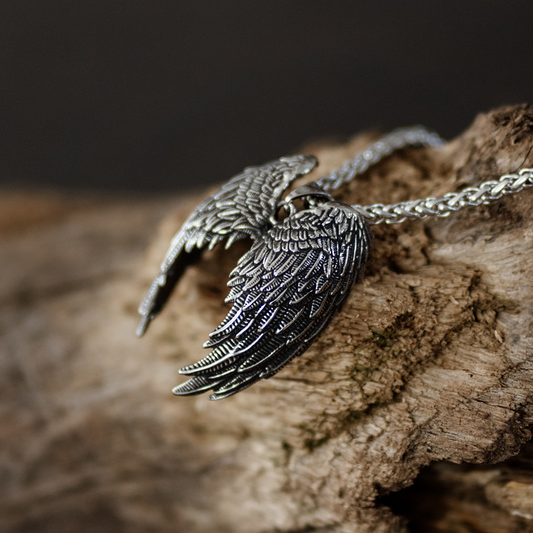 Fallen Grace — Large Gothic Silver Angel Wings Pendant and Chain Necklace in Stainless Steel
