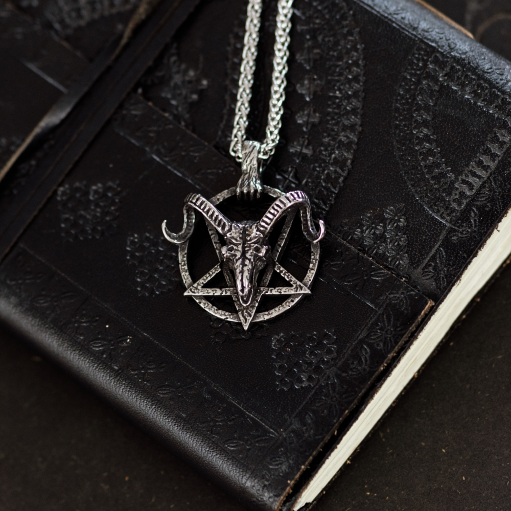 Ram Skull Pentagram Necklace – Gothic Occult Pendant in Stainless Steel with Zombie Hand Clasp