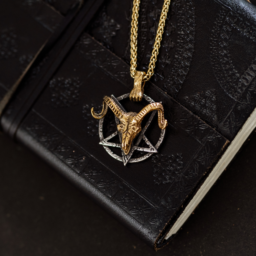Ram Skull Pentagram Necklace – Gothic Occult Pendant in Stainless Steel with Zombie Hand Clasp