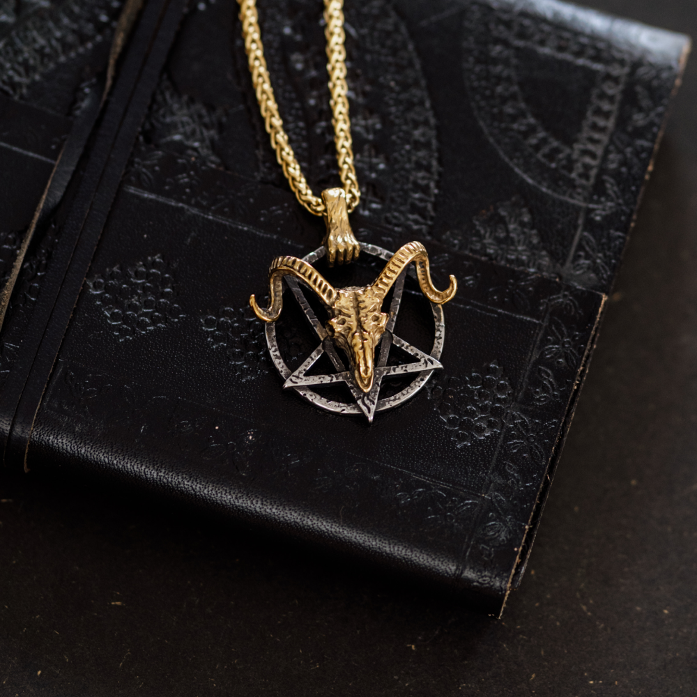Ram Skull Pentagram Necklace – Gothic Occult Pendant in Stainless Steel with Zombie Hand Clasp