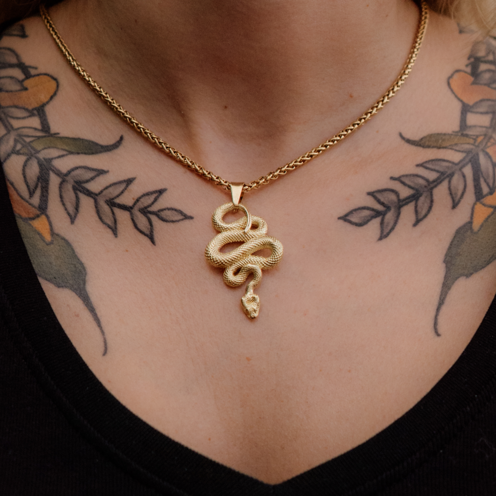 Serpent Vinculum — Gold Coiled Snake Pendant and Chain Necklace