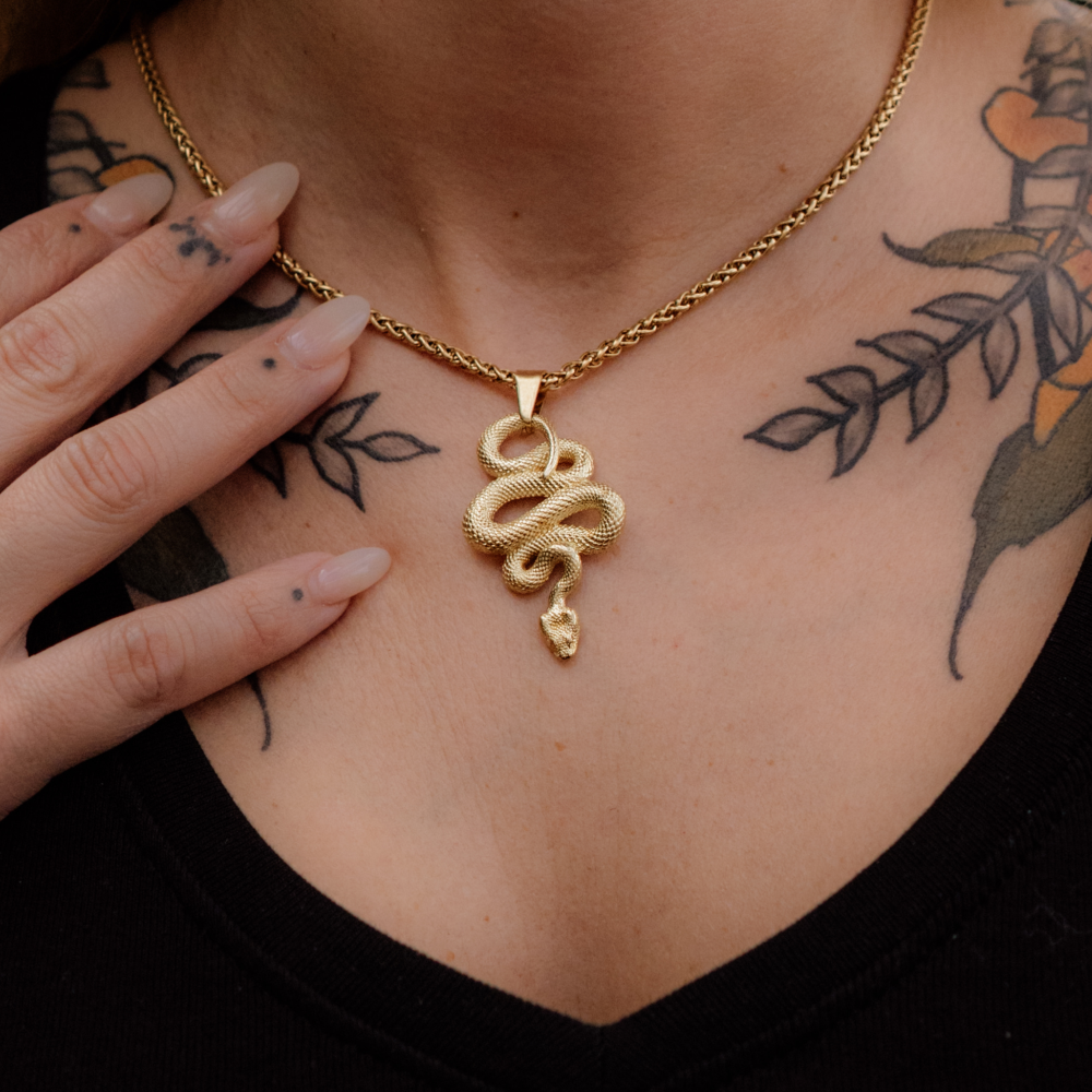Serpent Vinculum — Gold Coiled Snake Pendant and Chain Necklace