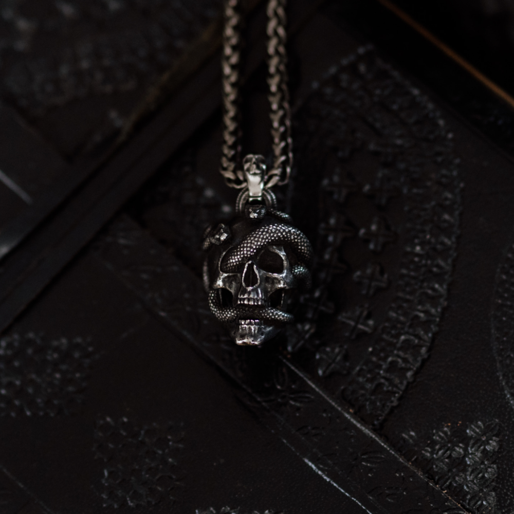 Venomshroud – Detailed Silver Snake and Skull Pendant and Chain Necklace in Stainless Steel
