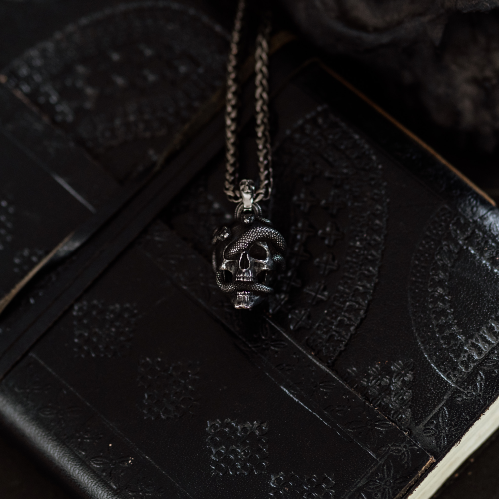 Venomshroud – Detailed Silver Snake and Skull Pendant and Chain Necklace in Stainless Steel