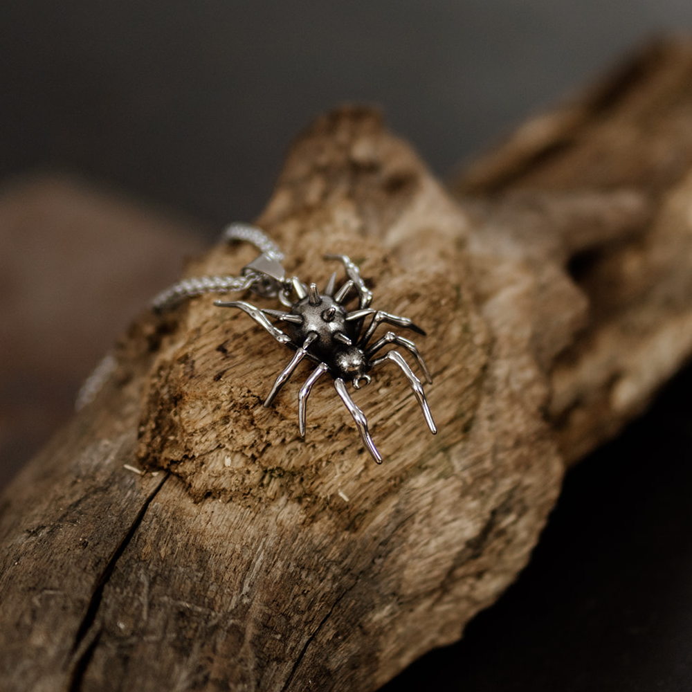Nightspinner — Detailed Silver Spider Insect Necklace in Stainless Steel