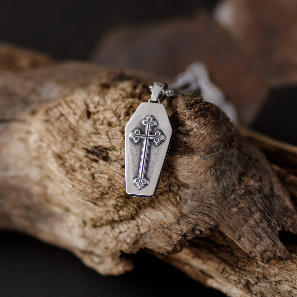 The Lovers Coffin Pendant – Gold Gothic Skeleton Pendant and Chain Necklace in Stainless Steel