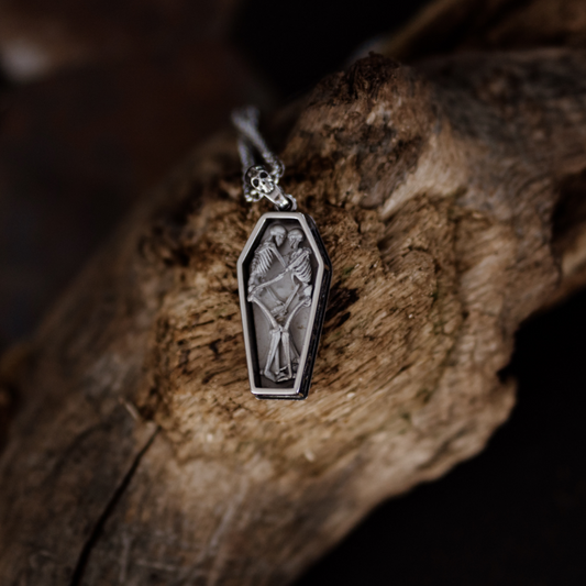 The Lovers Coffin Pendant – Gold Gothic Skeleton Pendant and Chain Necklace in Stainless Steel