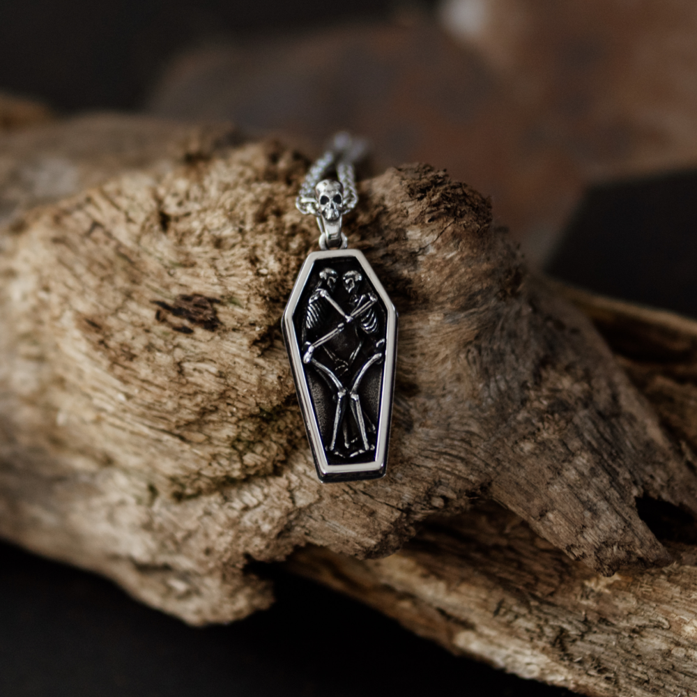 The Lovers Coffin Pendant – Gold Gothic Skeleton Pendant and Chain Necklace in Stainless Steel