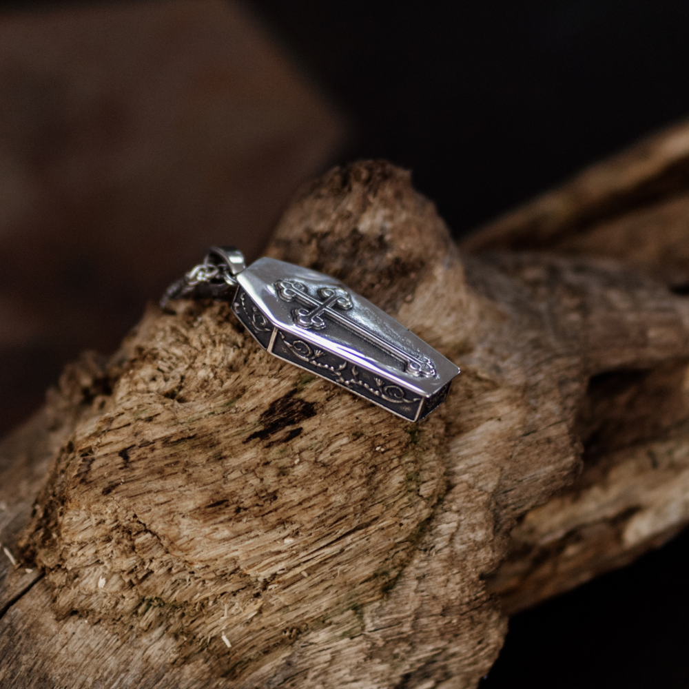 The Lovers Coffin Pendant – Gold Gothic Skeleton Pendant and Chain Necklace in Stainless Steel