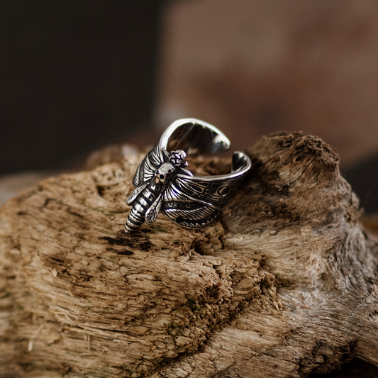 Memento Moth Silver Insect Statement Ring in Stainless Steel