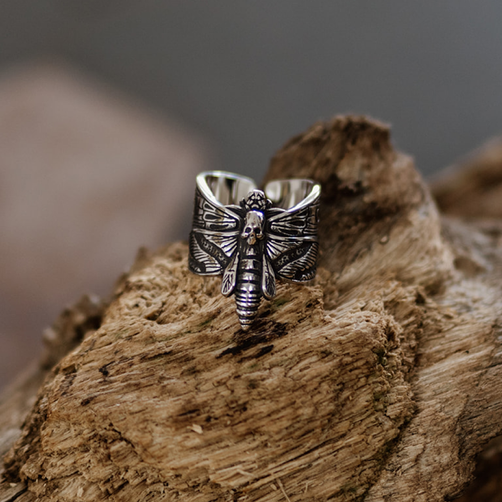Memento Moth Silver Insect Statement Ring in Stainless Steel