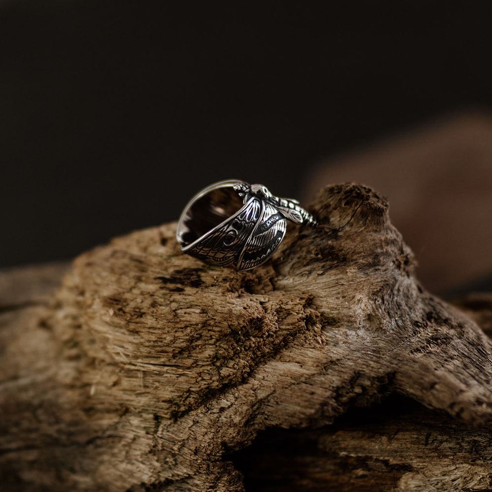 Memento Moth Silver Insect Statement Ring in Stainless Steel