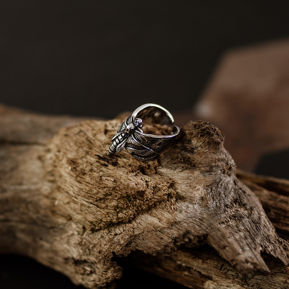 Memento Moth Silver Insect Statement Ring in Stainless Steel