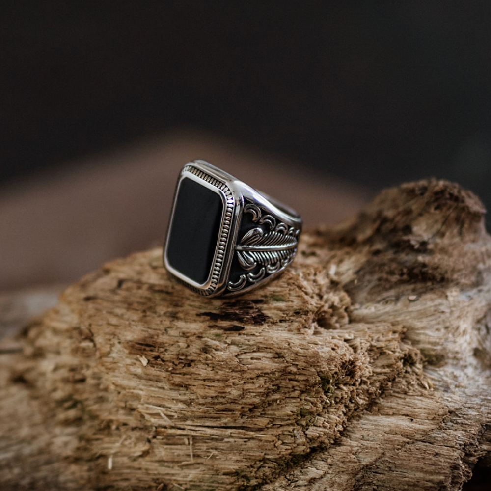 Large Decorative Black Onyx Silver Signet Ring in Stainless Steel