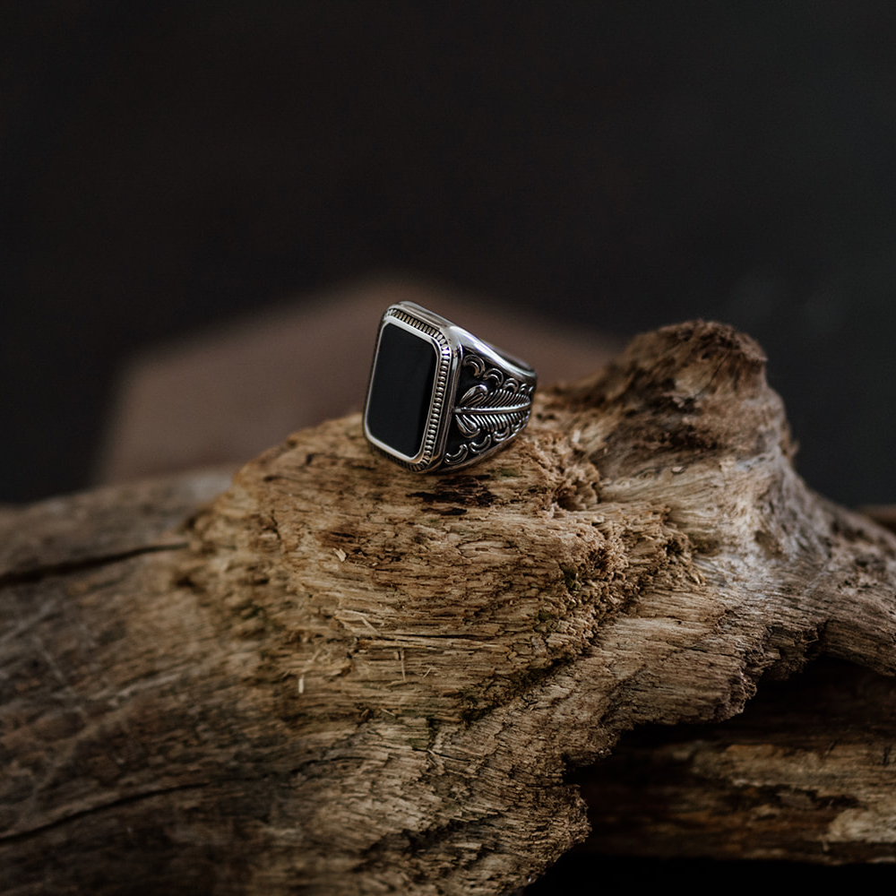 Large Decorative Black Onyx Silver Signet Ring in Stainless Steel
