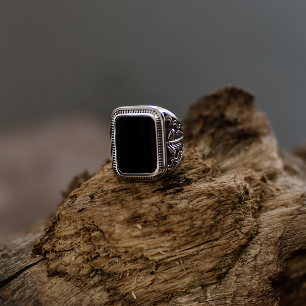 Large Decorative Black Onyx Silver Signet Ring in Stainless Steel