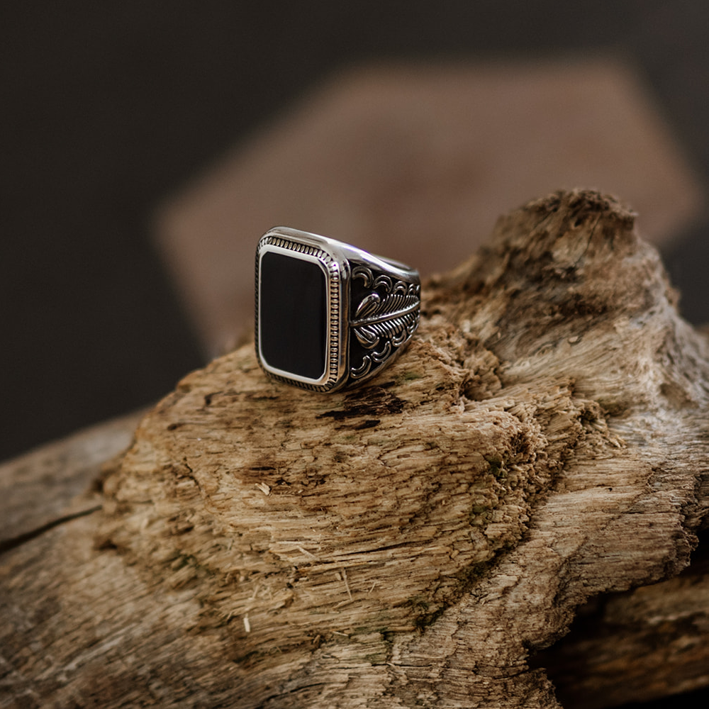 Large Decorative Black Onyx Silver Signet Ring in Stainless Steel