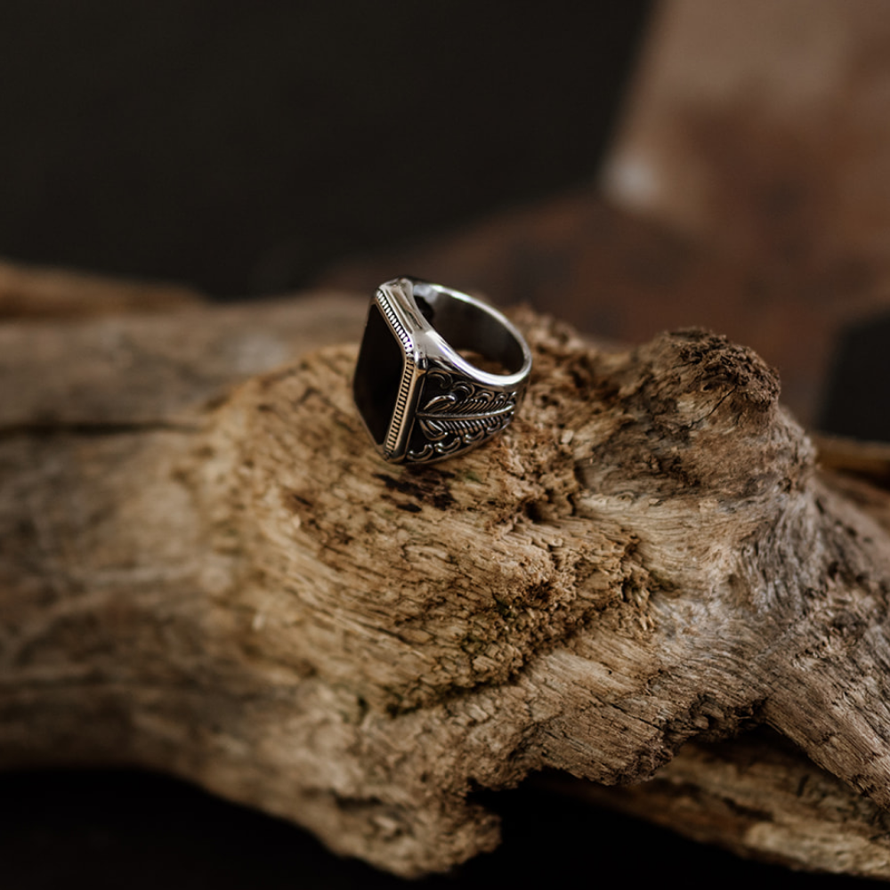 Large Decorative Black Onyx Silver Signet Ring in Stainless Steel