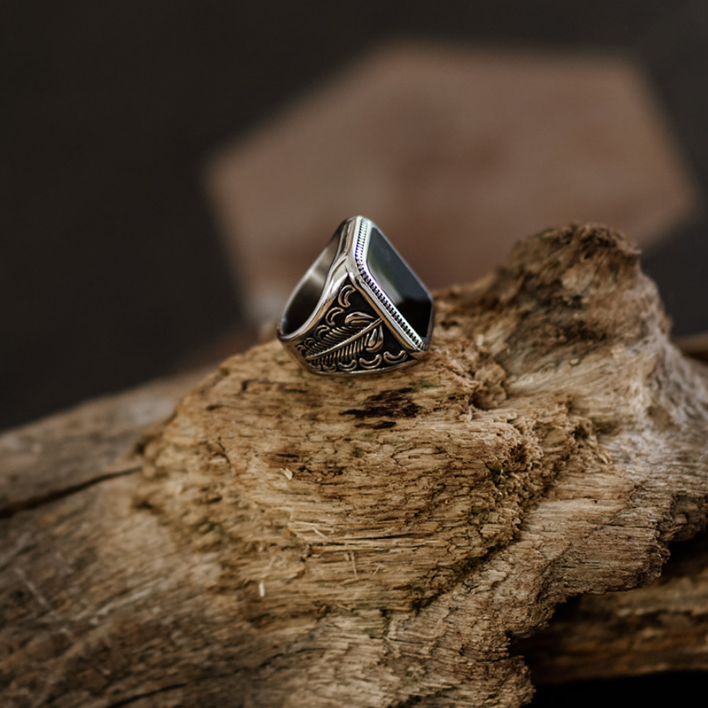 Large Decorative Black Onyx Silver Signet Ring in Stainless Steel