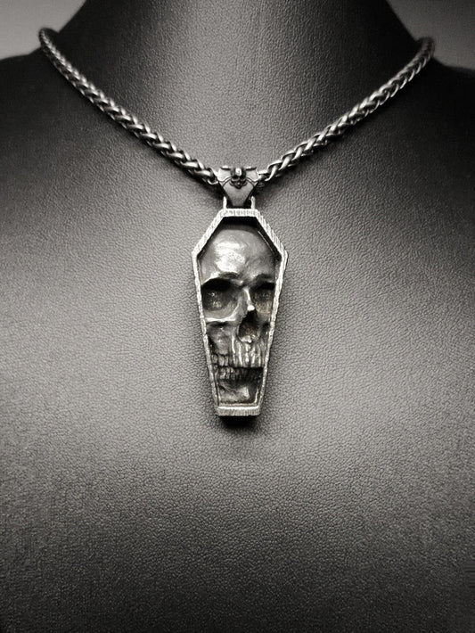Cryptkeeper’s Vigil — Detailed Skull in Tomb Stainless Steel Pendant and Chain Necklace