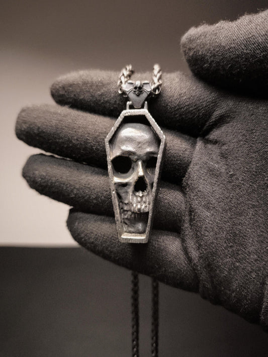 Cryptkeeper’s Vigil — Detailed Skull in Tomb Stainless Steel Pendant and Chain Necklace