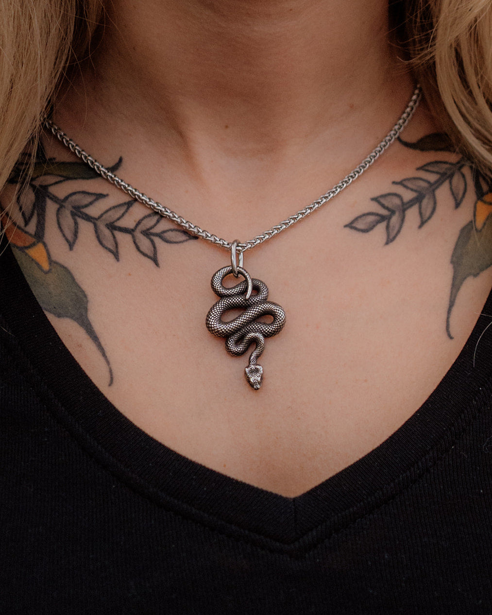 Serpent Vinculum – Dark Silver Coiled Snake Pendant and Chain Necklace