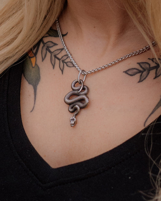 Serpent Vinculum – Dark Silver Coiled Snake Pendant and Chain Necklace