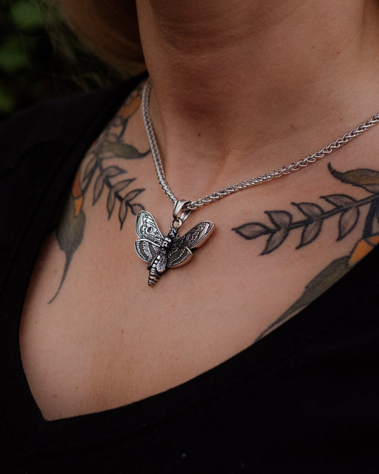 Noctura – Silver Deathhead Hawk Moth Pendant and Chain Necklace