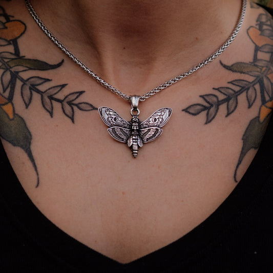 Noctura – Silver Deathhead Hawk Moth Pendant and Chain Necklace
