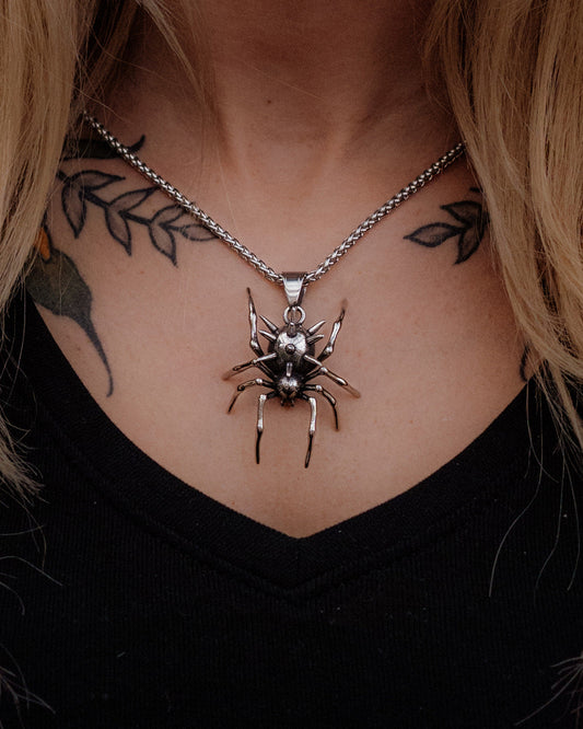 Nightspinner — Detailed Silver Spider Insect Necklace in Stainless Steel