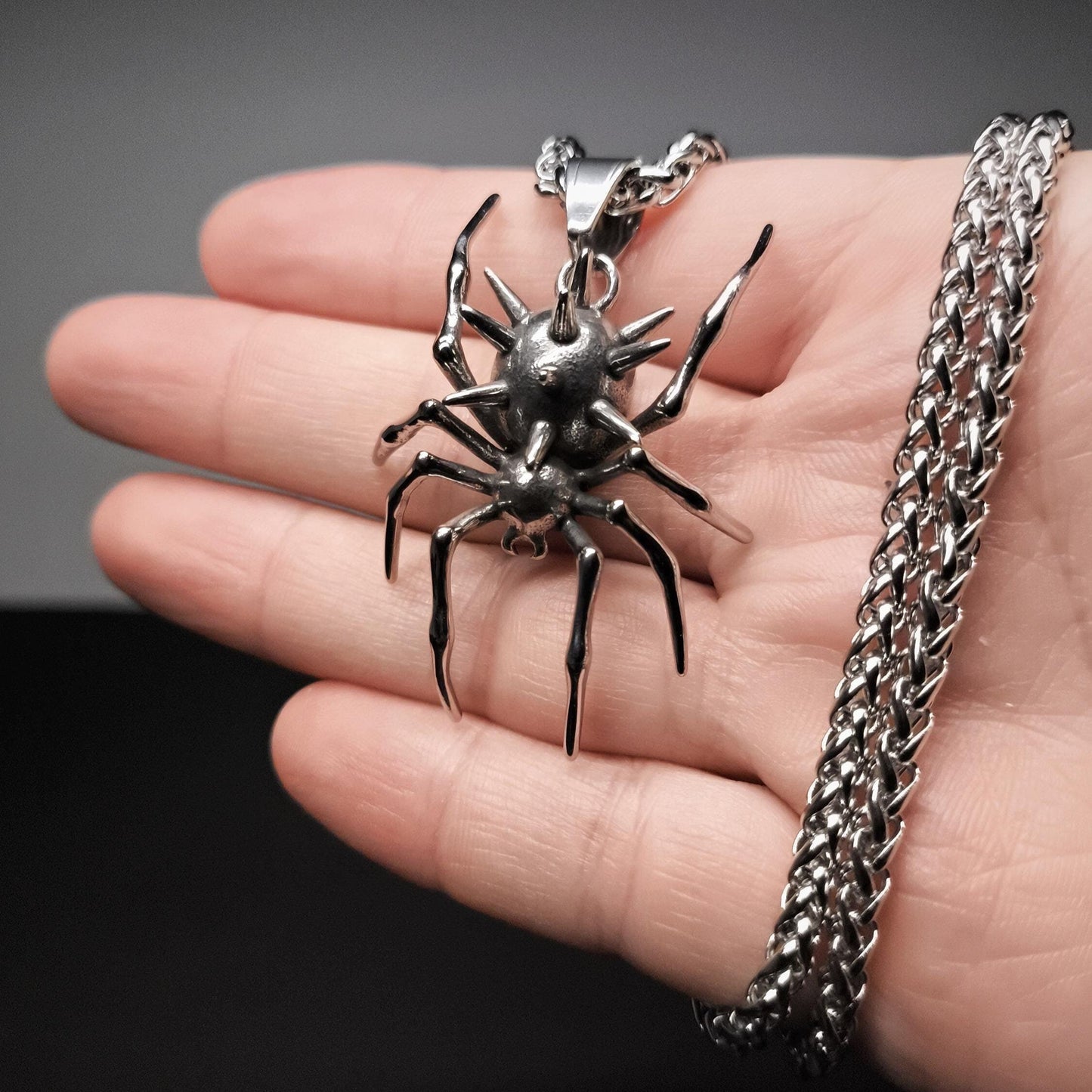 Nightspinner — Detailed Silver Spider Insect Necklace in Stainless Steel