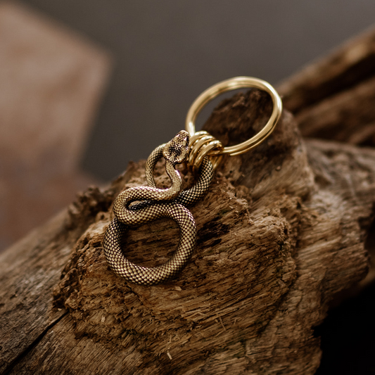 Serpent Vinculum Keyring – Antique Brass Coiled Snake Keychain with Gold Clasps