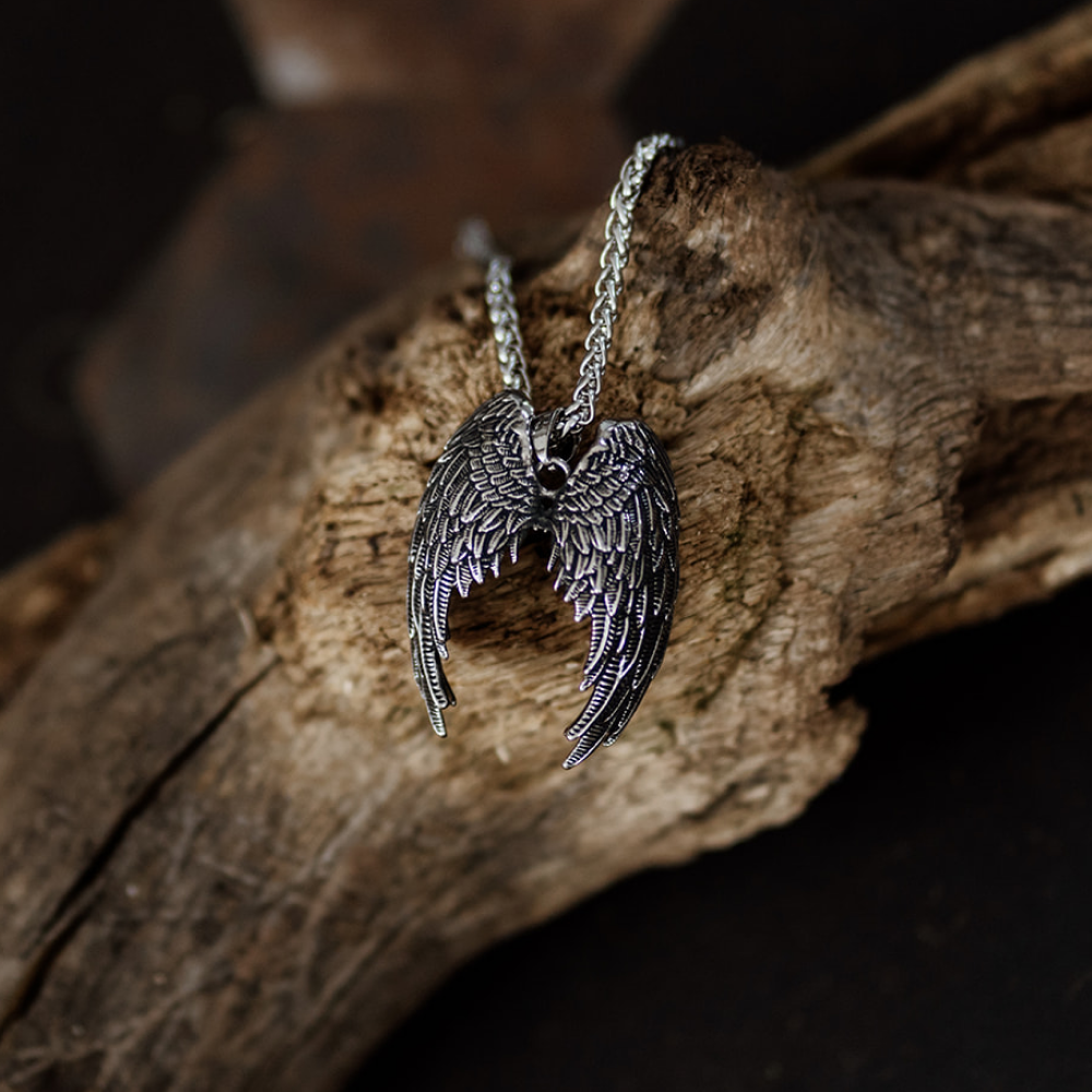 Fallen Grace — Large Gothic Silver Angel Wings Pendant and Chain Necklace in Stainless Steel