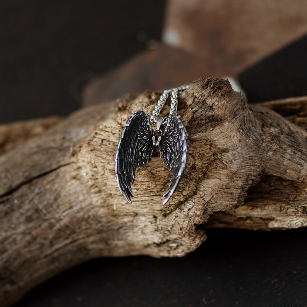 Fallen Grace — Large Gothic Silver Angel Wings Pendant and Chain Necklace in Stainless Steel