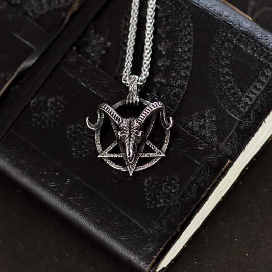 Ram Skull Pentagram Necklace – Gothic Occult Pendant in Stainless Steel with Zombie Hand Clasp